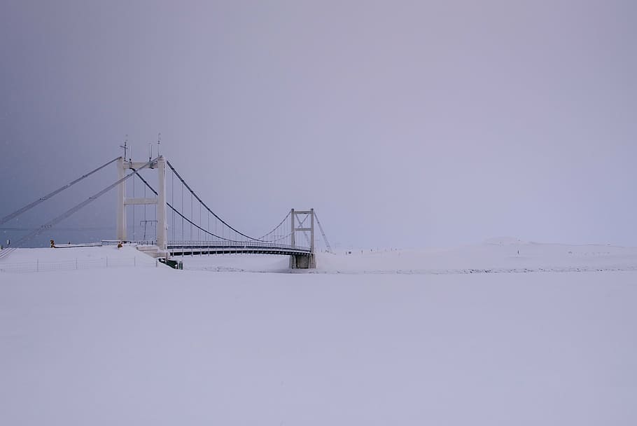 photo of white suspension bridge covered with snow, steel, long HD wallpaper