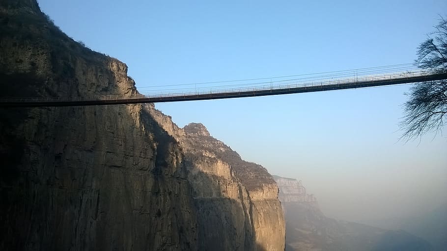 bridge, valley, mountain, long, dangerous, rock - object, solid HD wallpaper