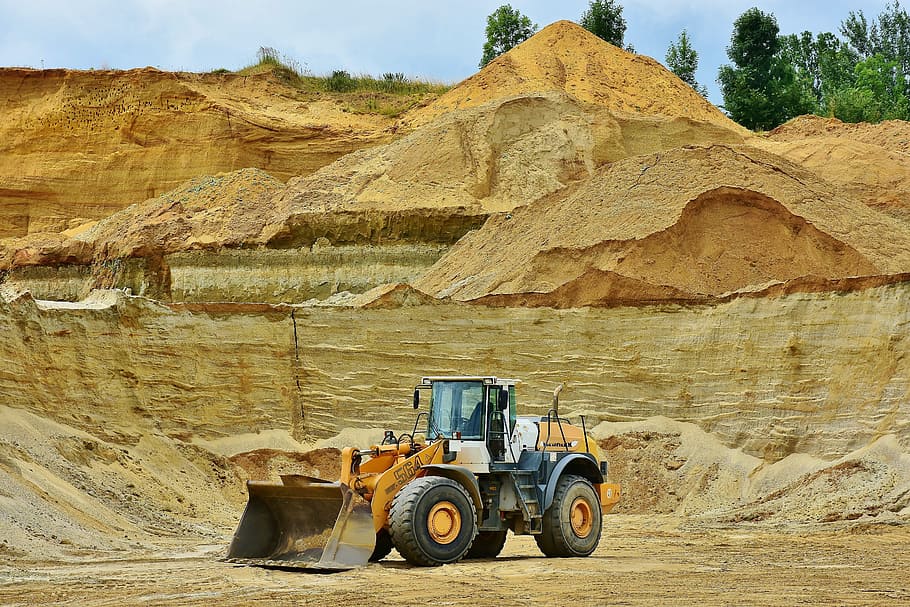 yellow and white backhoe loader, Open Pit Mining, Sand, Raw Materials