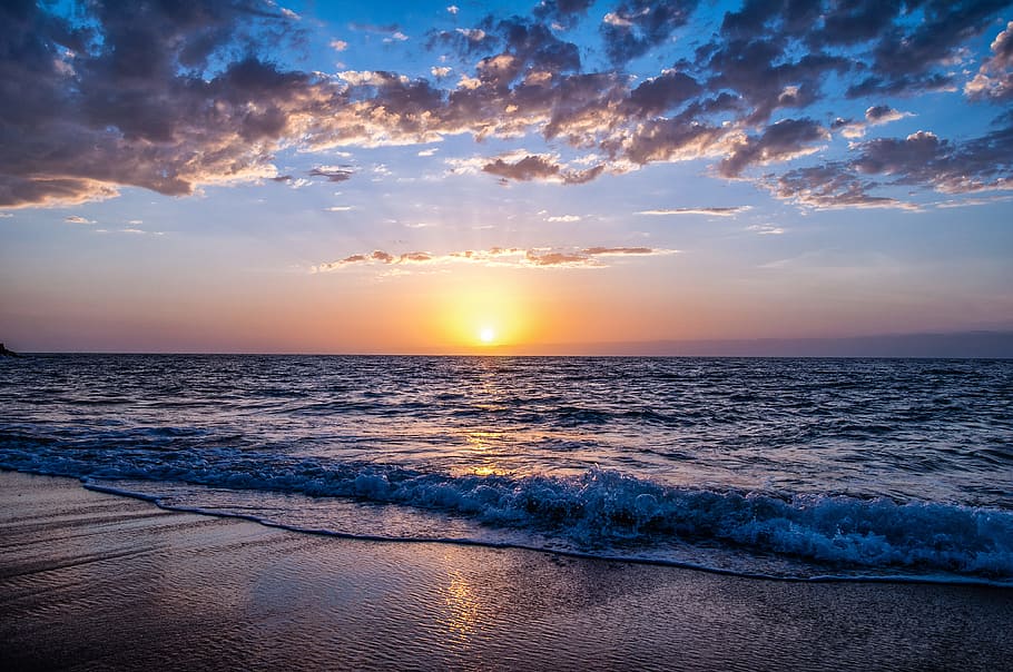 Beach During Sunset, clouds, dawn, dusk, HD wallpaper, nature HD wallpaper
