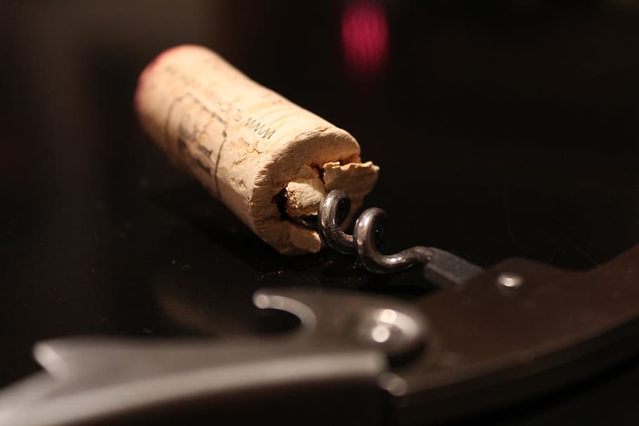 gray metal bottle cork opener with bottle cork, Corkscrew, Wine, Red