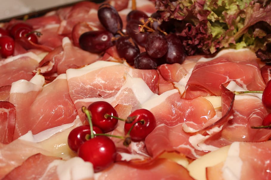 ham, cooked, buffet, cherries, raw, delicious, food, eat, fruit HD wallpaper