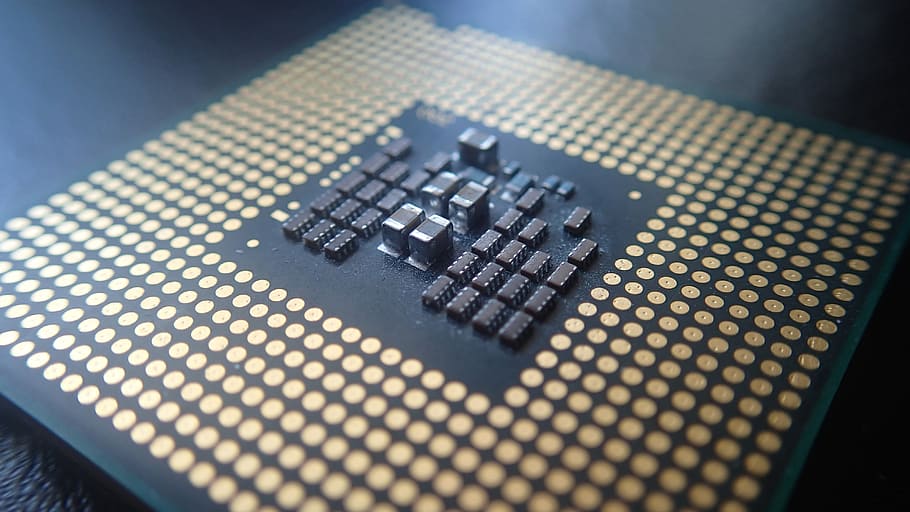 macro photography of computer processor, cpu, chip, pc, hardware