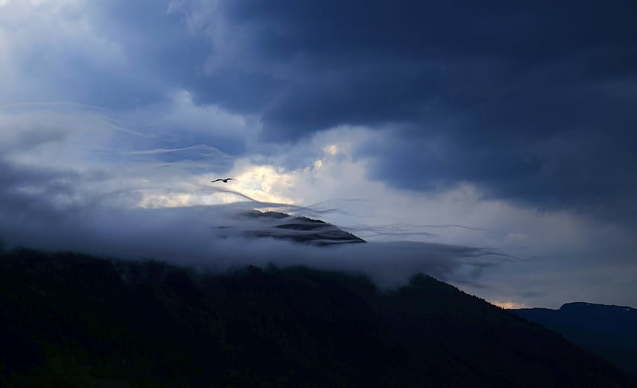 silhouette of mountain under gray sky, photo, clouds, high HD wallpaper