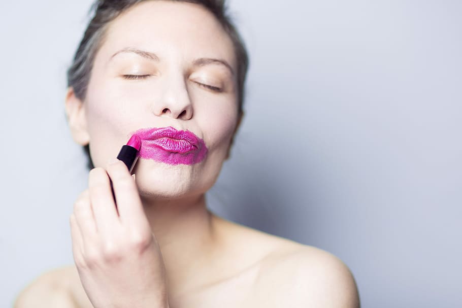 woman using pink lipstick, people, whimsical, lazy, lady, women