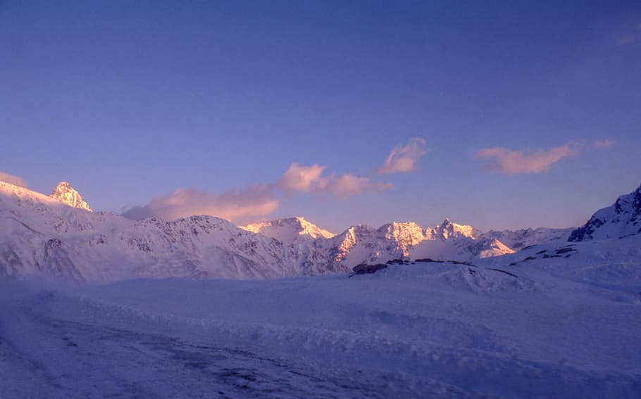 mountain, highland, snow, winter, summit, blue, sky, clouds HD wallpaper