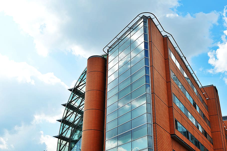sky, clouds, building, glass, architectural design, architecture HD wallpaper