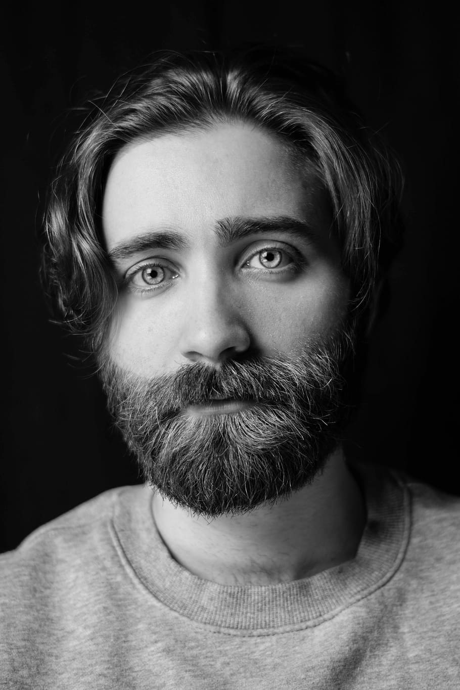 grayscale photo of man's portrait, beard, face, eye, facial hair HD wallpaper