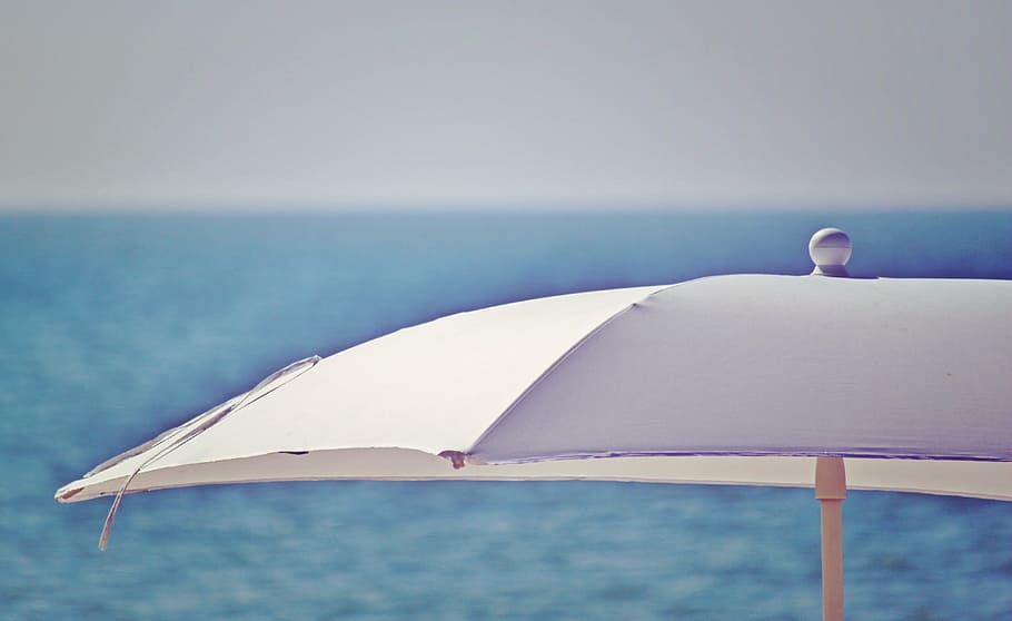 white canopy umbrella, parasol, screen, shade tree, beach, sunlight HD wallpaper