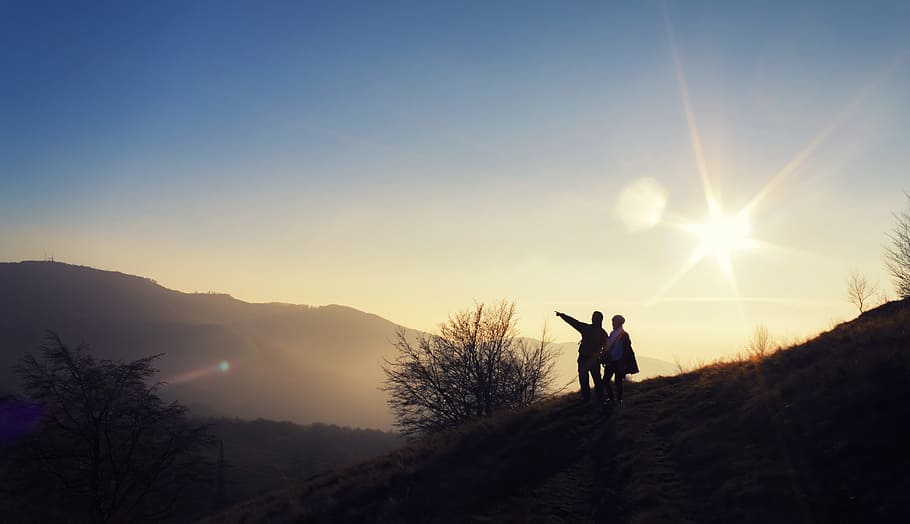 silhouette of two person standing on mountain during daytime, HD wallpaper