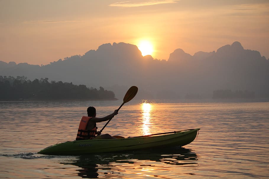 sunrise, paddled, nautical vessel, sunset, transportation, water HD wallpaper