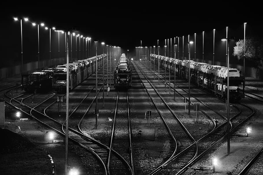 Technology, Night, Train, Auto, black white, light, dark, industry HD wallpaper