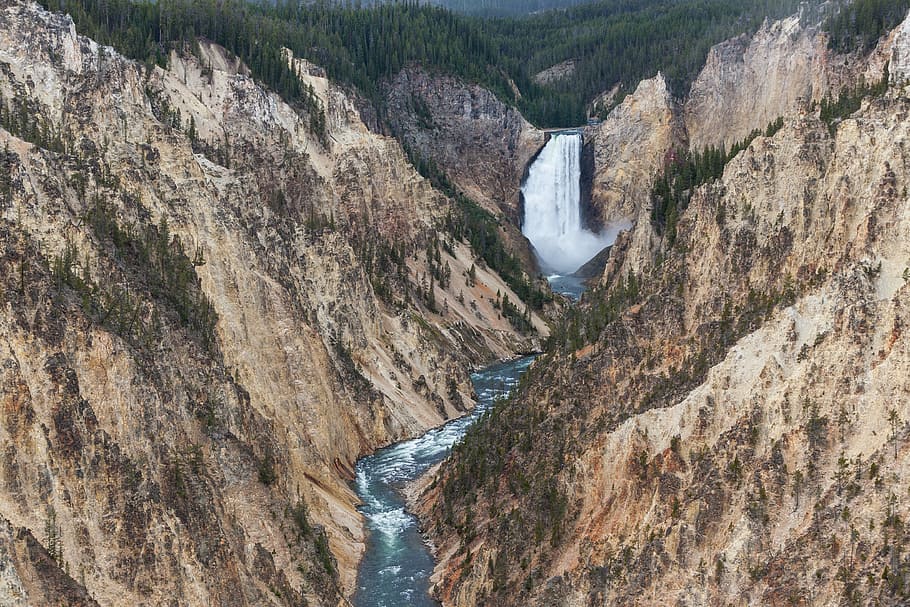 bird's-eye view photo of waterfalls and river, body of water in between mountains HD wallpaper