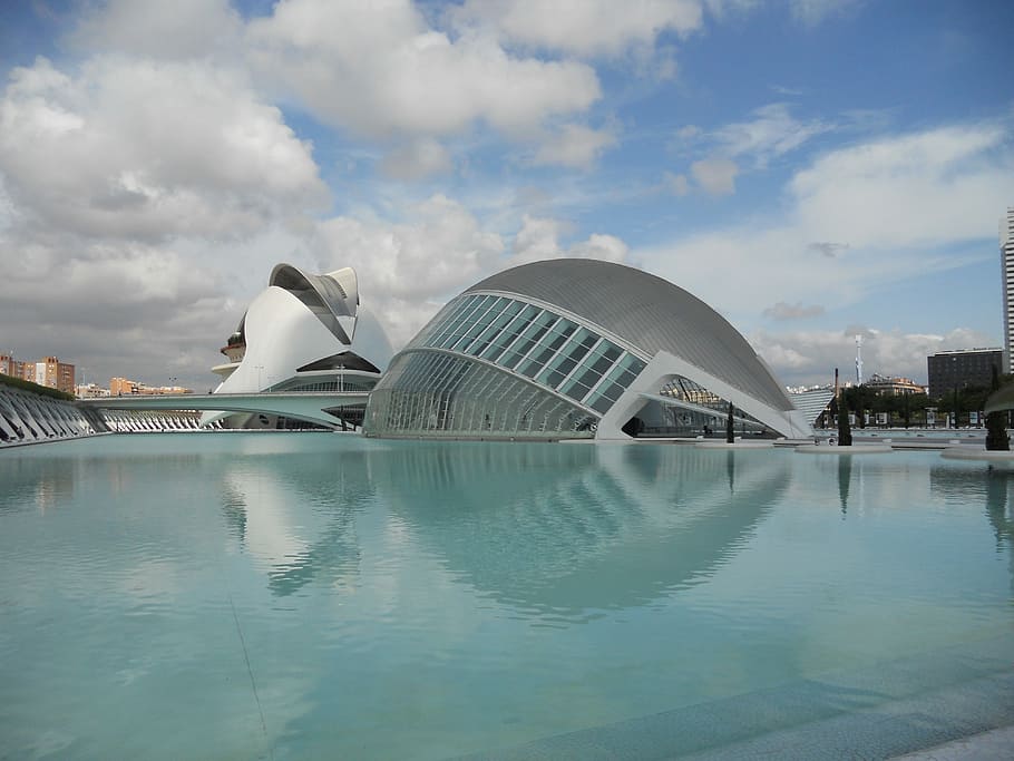 Valencia, Pool, Architecture, reflection, cloud - sky, water HD wallpaper