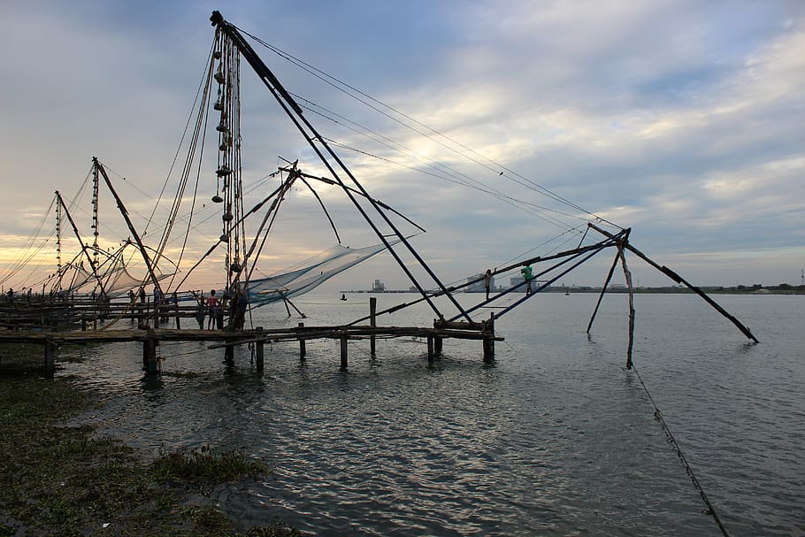 kerala, fishing, fishnet, evening, cochin, kochi, sea, sky, HD wallpaper