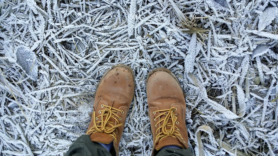 person wearing brown leather work boots, shoe, frost, winter HD wallpaper