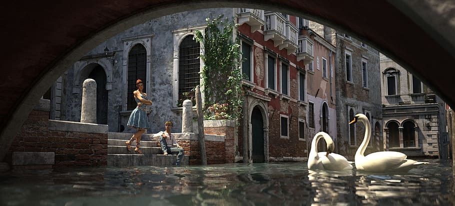 man and woman seating on stair in front of river with swans HD wallpaper