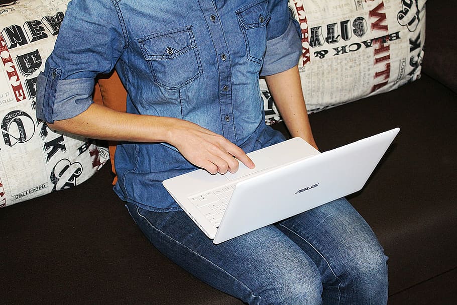 laptop, work, notebook, space bar, casual clothing, jeans, one person HD wallpaper
