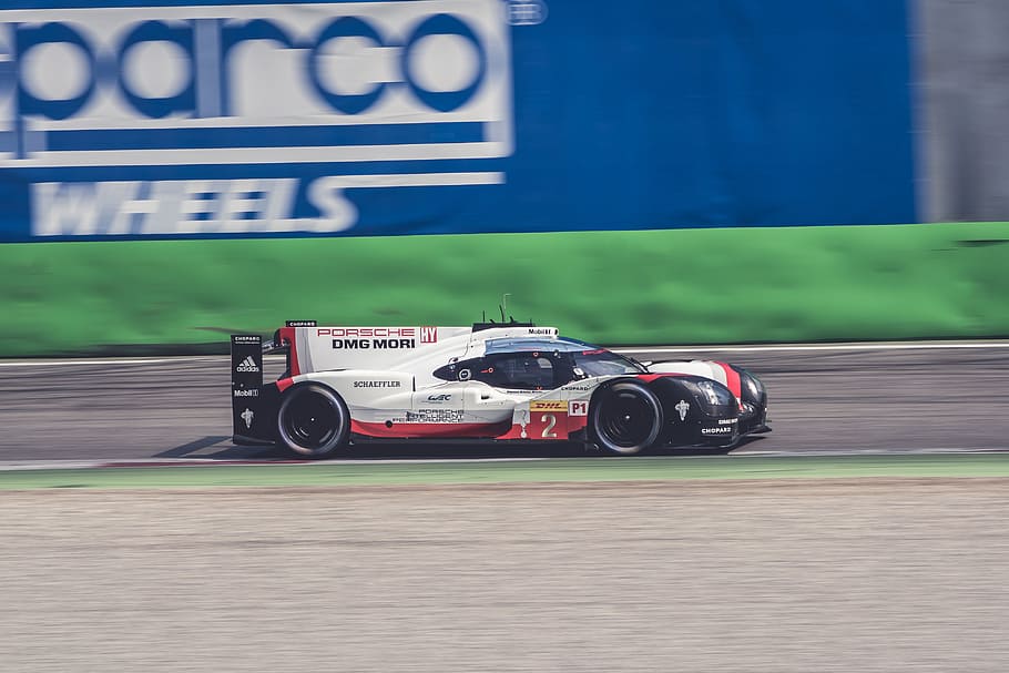 white and black sports car racing on track, untitled, red, and black HD wallpaper