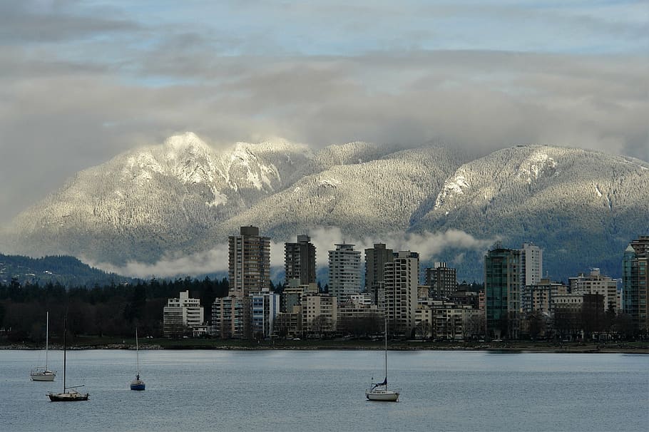 buildings near mountains, vancouver, cityscape, scenic, north shore mountains