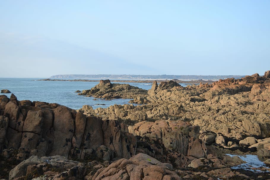 Sea, View, Jersey, Rock Pools, sea view, rocks, coastline, blue sky, HD wallpaper