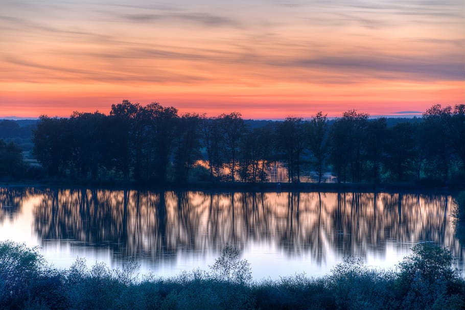 landscape, sunset, water, reflection, trees, dusk, evening HD wallpaper