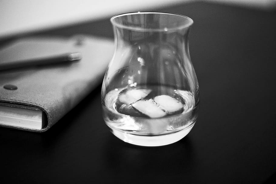 clear glass jar with water, writing, drink, table, office, author HD wallpaper