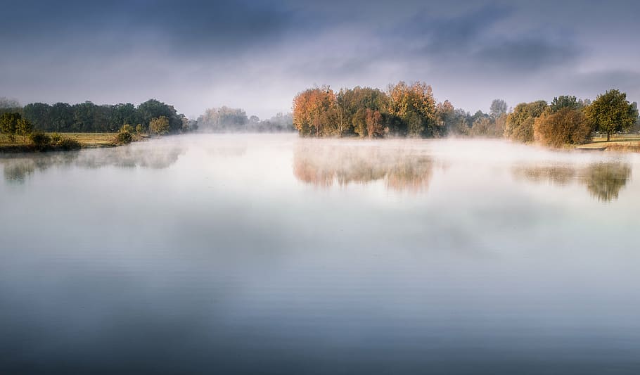 autumn, clouds, nature, reflection, river, sky, trees, forest HD wallpaper