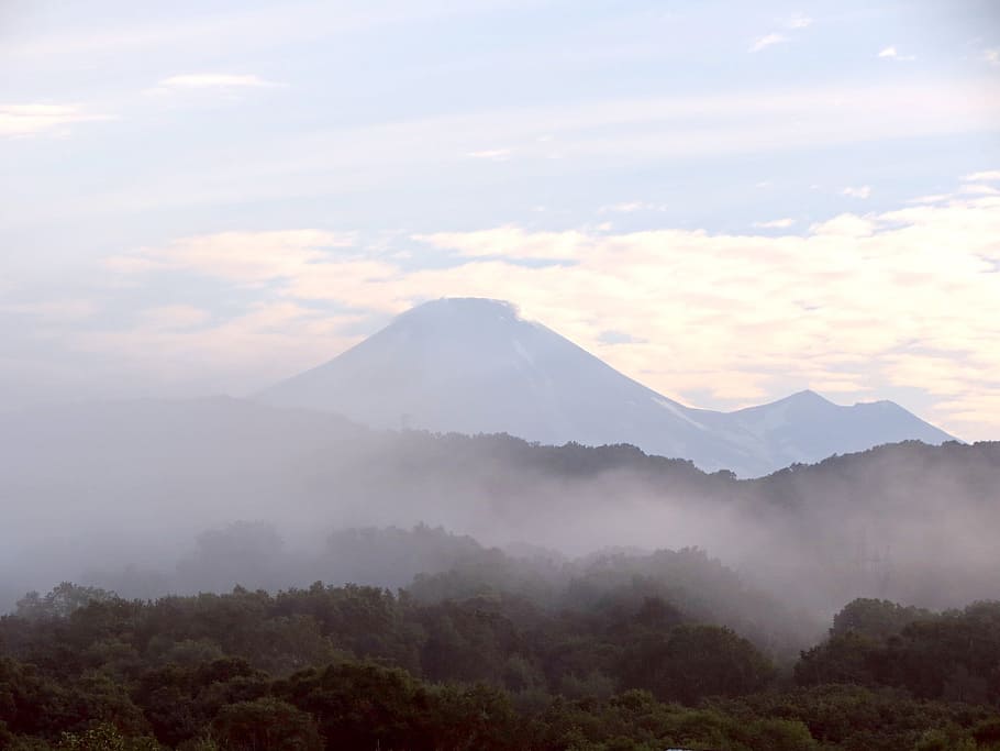 mirage, mountain range, mountains, volcanoes, ridge, dahl, sunrise HD wallpaper
