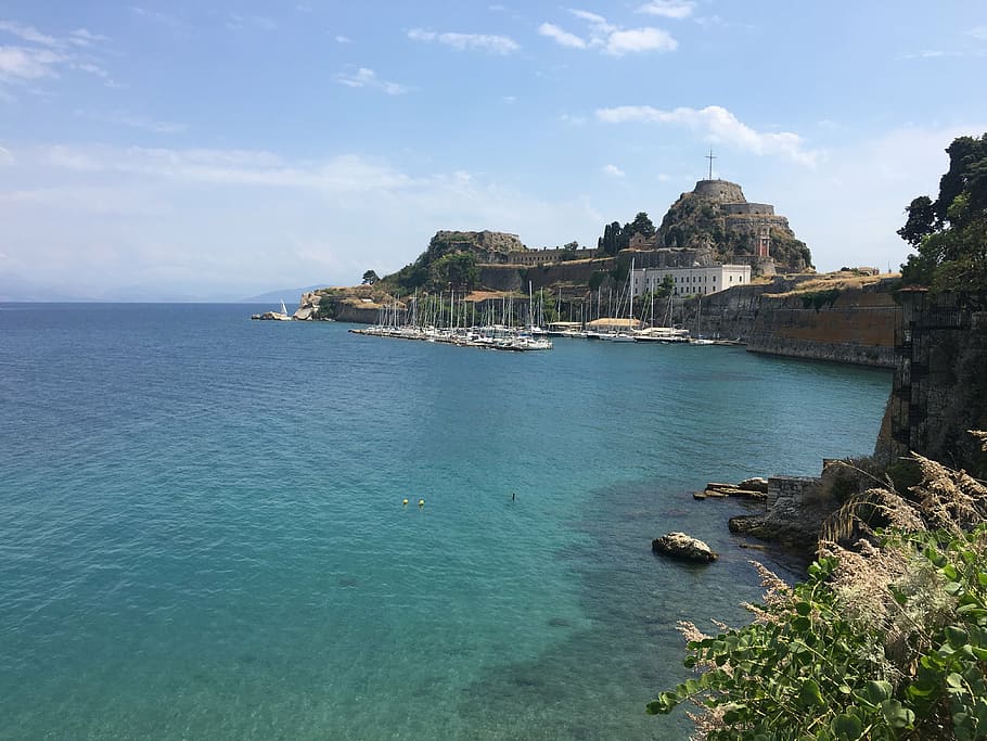 sea, corfu, greece, built structure, water, building exterior HD wallpaper