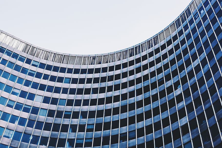 photo of blue building, glass buiilding, gray, window, office HD wallpaper