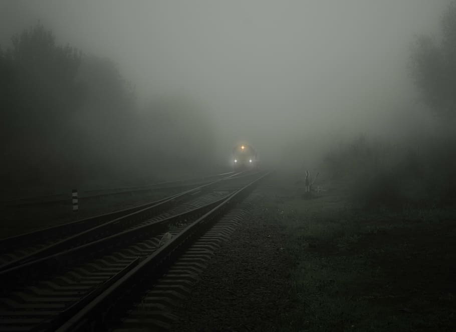photo of train on rail, fog, lights, bill, seemed, soft, circuit, HD wallpaper