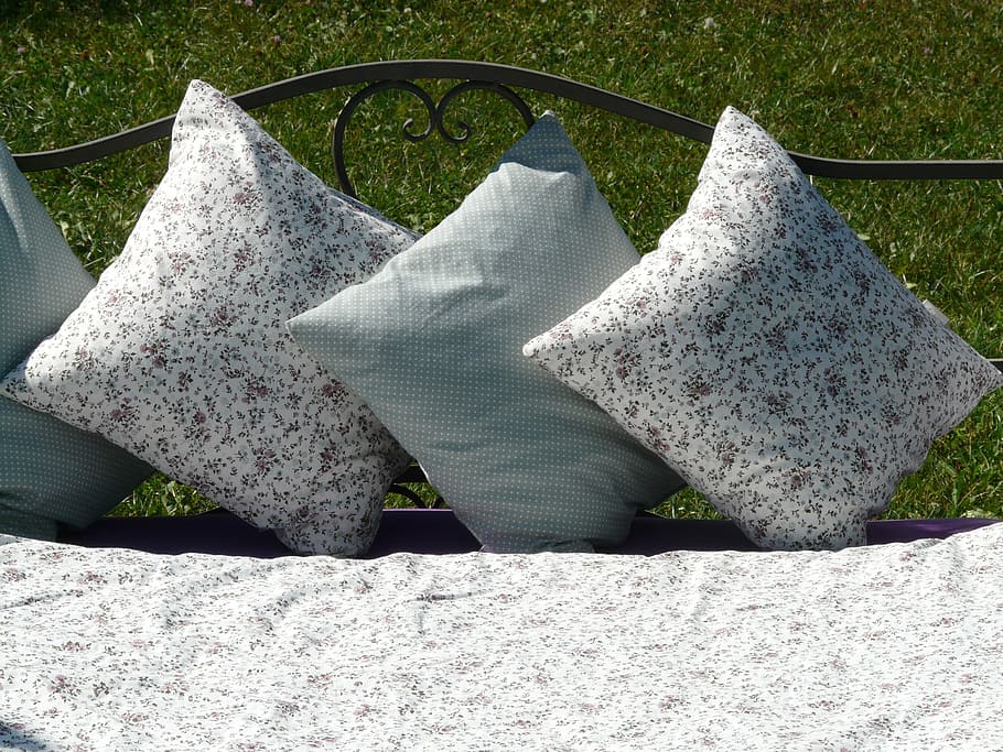 white-and-gray throw pillows on bench, bed, sleep, rest, relax HD wallpaper