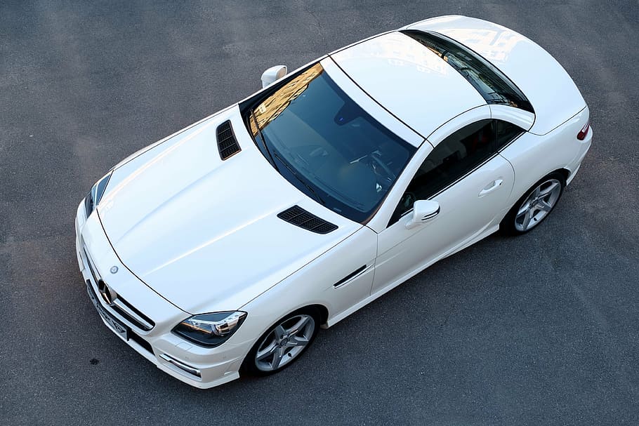 white Mercedes-Benz coupe on gray surface, car, slk, auto, transport, HD wallpaper