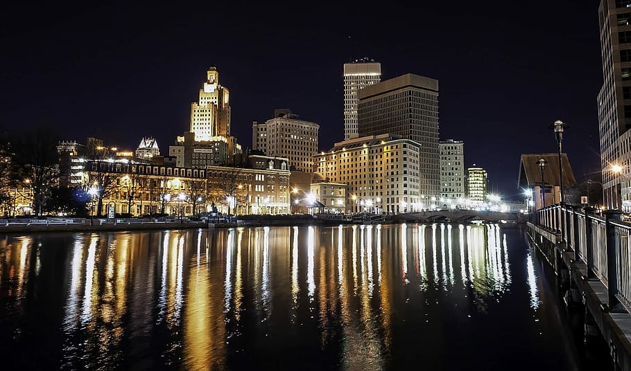 Skyline of Providence, Rhode Island at nighttime over the water