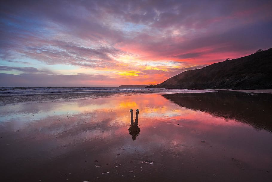 beach, sunset, low tide, reflection, ocean, silhouette, wales HD wallpaper