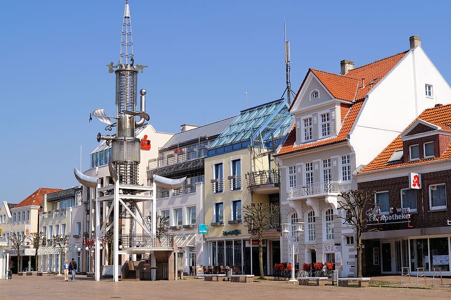 East Frisia, Aurich, Marketplace, pedestrian zone, sous tower, HD wallpaper
