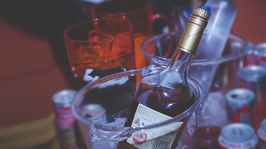 wine bottle on glass pail filled with ice, spirit, hennessy, bottles, HD wallpaper
