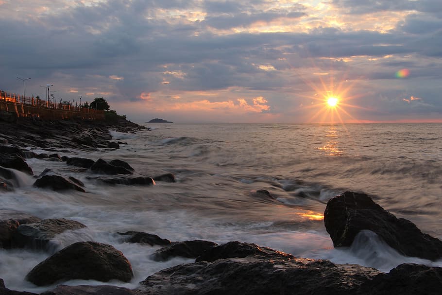 Rocks on Seashore during Sunset, beach, boats, clouds, dawn, dusk HD wallpaper