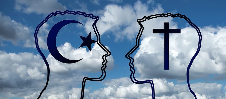 sketch of two human head with cloudy skies, islam, christianity