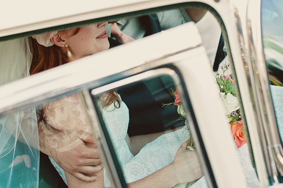women's white floral wedding dress, bride, car, exiting, touch HD wallpaper