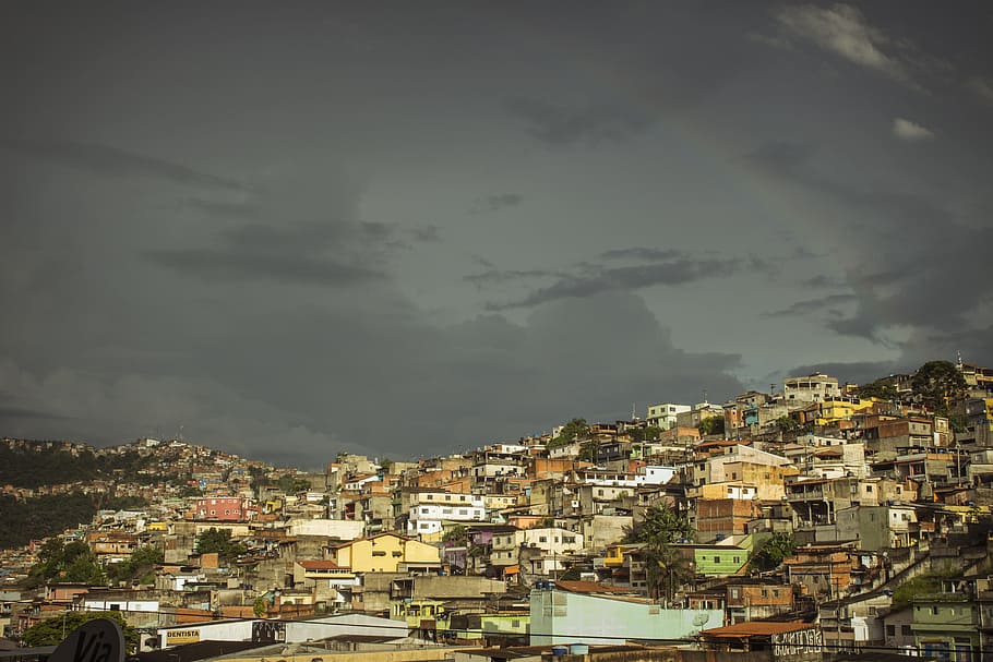 Favela, City, Rainbow, Clouds, between clouds, storm, cityscape, HD wallpaper