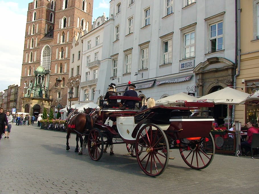 krakow, main market square, horse-drawn carriage, mary's church HD wallpaper