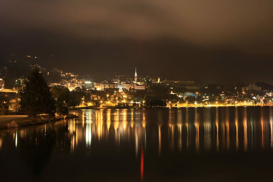St Moritz, Night, Lights, View, Lake, viewing, illuminated HD wallpaper