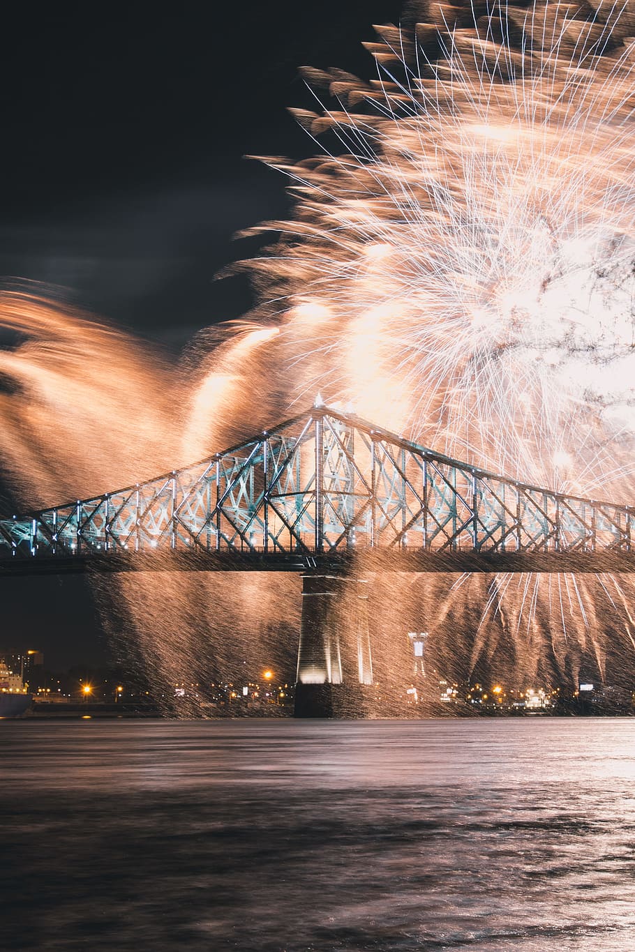 Submerged in fire., fireworks display over suspension bridge HD wallpaper