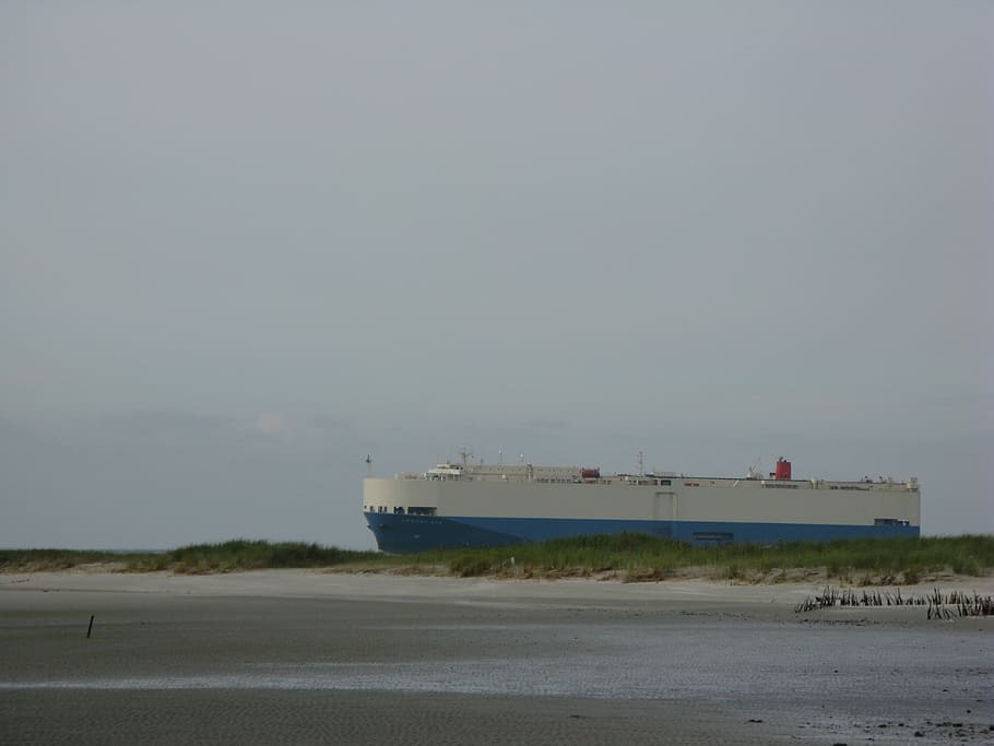 freighter, ship, borkum, north sea, island, beach, summer, transportation HD wallpaper