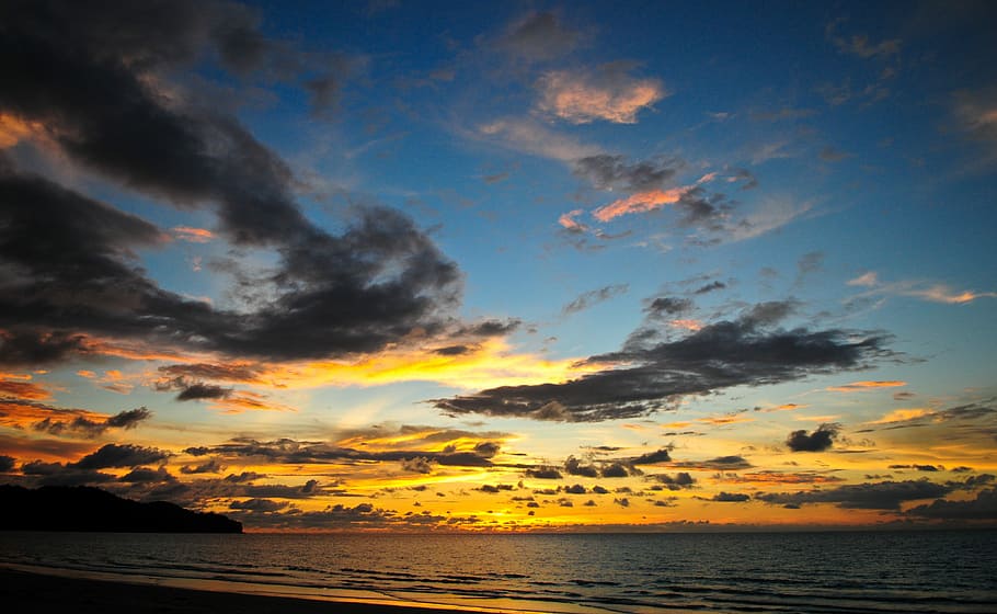 Sunset, Dramatic, Beach, Ocean, Sky, colorful, orange, yellow HD wallpaper