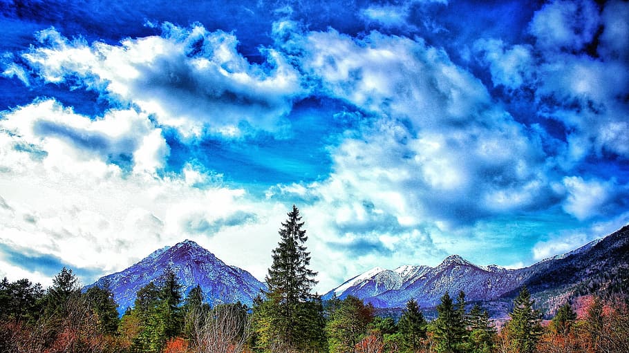 snow-cap mountains and pine trees under cloudy sky painting HD wallpaper