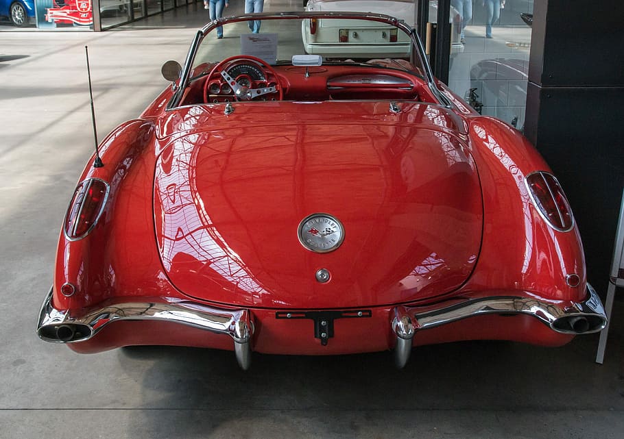 red coupe on sidewalk, auto, chevrolet, corvette, oldtimer HD wallpaper