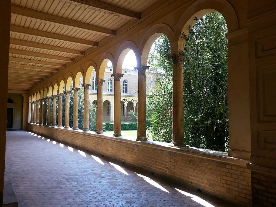 arcade, cloister, architecture, columnar, stone pillars, hispanic HD wallpaper